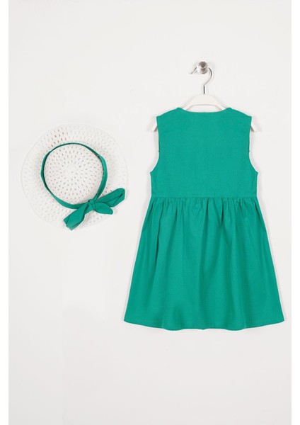 Bisiklet Yaka Sıfır Kol Cıtcıt Dugmelı Sapkalı Yeşil Renk Kız Çocuk Elbıse
