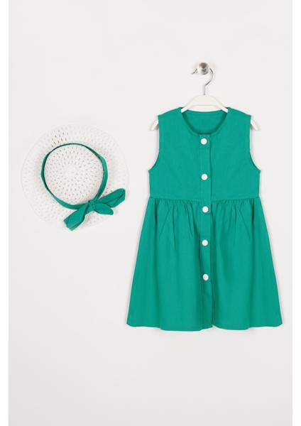 Bisiklet Yaka Sıfır Kol Cıtcıt Dugmelı Sapkalı Yeşil Renk Kız Çocuk Elbıse modelleri