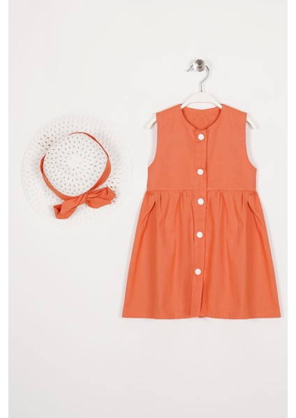 Bisiklet Yaka Sıfır Kol Cıtcıt Dugmelı Sapkalı Oranj Renk Kız Çocuk Elbıse
