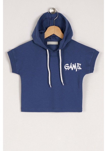 Erkek Çocuk Indigo Renkli Game Baskılı Kapuşonlu Kısa Kol Sweatshirt