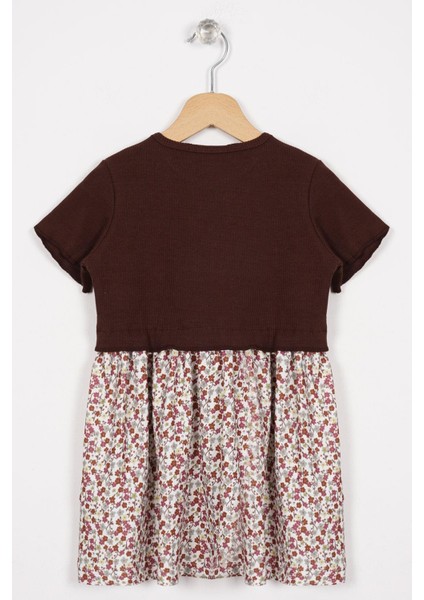 Önü Patlı Çiçek Desenli Kahverengi Renk Kız Çocuk Elbise modelleri