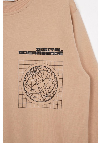 Ön Arka Dijital Baskı Detaylı Camel Renk Erkek Çocuk Sweatshirt modelleri