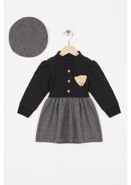 Yarım Balıkcı Yaka Uzun Kol Etegı Pıtıkarelı Dugme Detaylı Ayıcıklı Sapkalı Gri Renk Kız Çocuk Elbıse