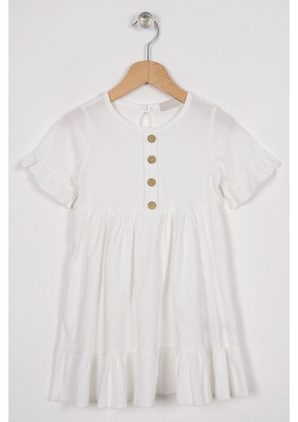 Bisiklet Yaka Kısa Kol Fırfırlı Dugmelı Ekru Renk Kız Çocuk Elbıse
