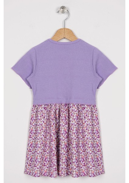 Önü Patlı Çiçek Desenli Lila Renk Kız Çocuk Elbise modelleri