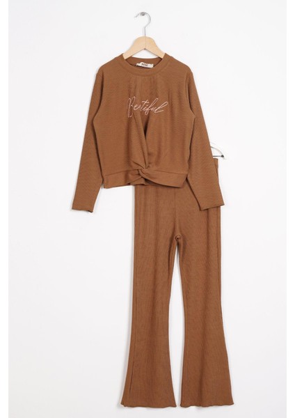 Bisiklet Yaka Uzun Kol Baskılı Kahverengi Renk Kız Çocuk Pantolon Takım