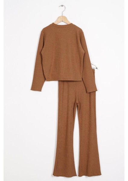 Bisiklet Yaka Uzun Kol Baskılı Kahverengi Renk Kız Çocuk Pantolon Takım modelleri