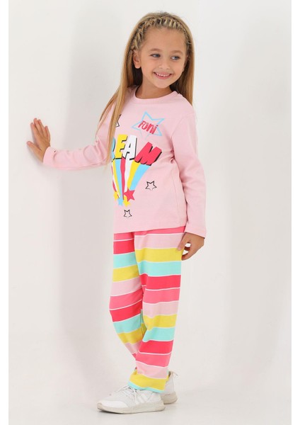Bisiklet Yaka Uzun Kol Pembe Renk Kız Çocuk Pijama Takımı