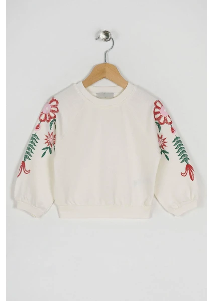 Kız Çocuk Ekru Renkli Kolları Çiçek Baskılı Sweatshirt