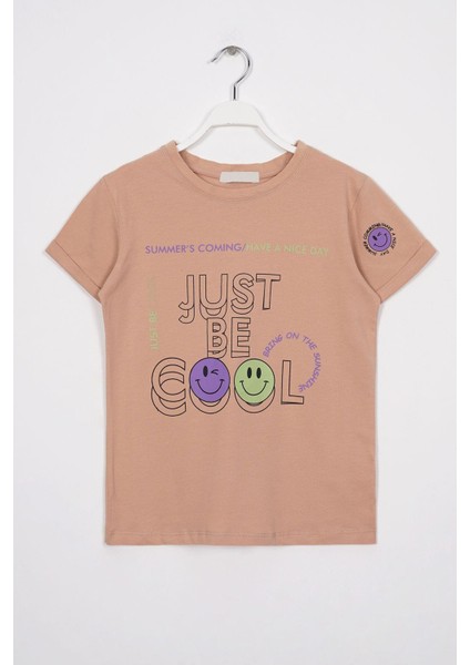 Just Be Cool Baskılı Bej Renk Kız Cocuk Tshırt