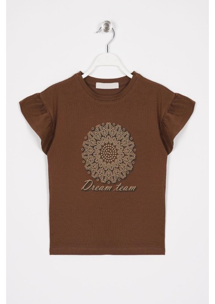 Kolları Fırfırlı Yazı Baskılı Kahverengi Kız Çocuk Tshirt