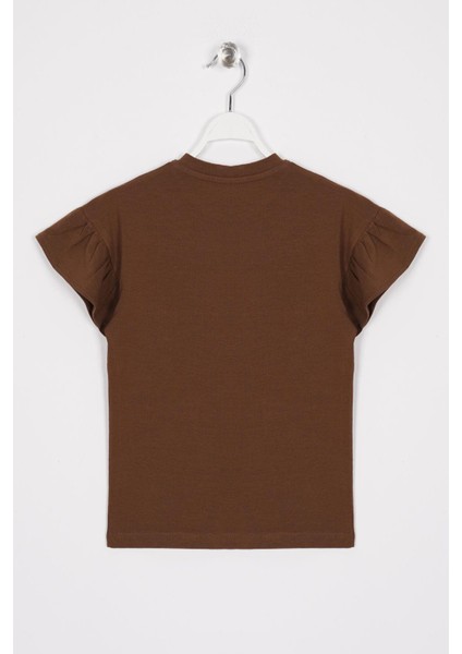 Kolları Fırfırlı Yazı Baskılı Kahverengi Kız Çocuk Tshirt modelleri
