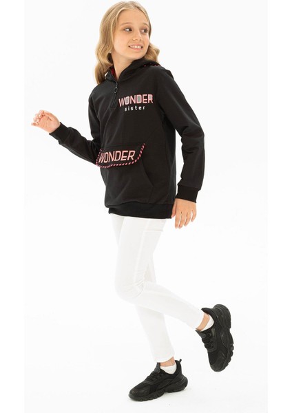 Kapüşonlu Uzun Kol Siyah Renk Kız Çocuk Sweatshirt