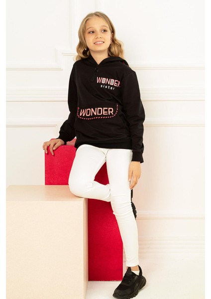Kapüşonlu Uzun Kol Siyah Renk Kız Çocuk Sweatshirt