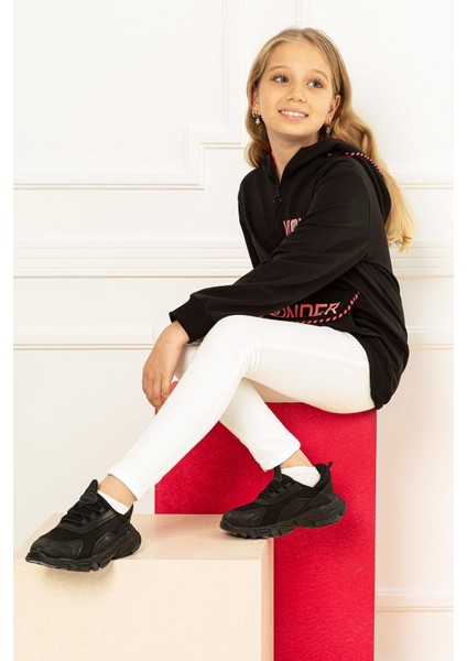Kapüşonlu Uzun Kol Siyah Renk Kız Çocuk Sweatshirt