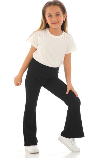 Yüksek Bel İspanyol Paça Fitilli Siyah Renk Kız Çocuk Tayt