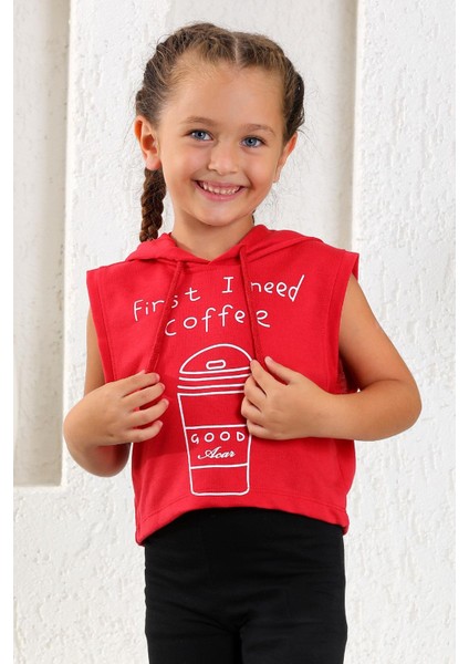 Kız Çocuk First I Need Coffee Baskılı Kolsuz Kapüşonlu Sweatshirt 9-12 Yaş