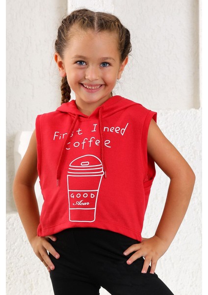 Kız Çocuk First I Need Coffee Baskılı Kolsuz Kapüşonlu Sweatshirt 9-12 Yaş