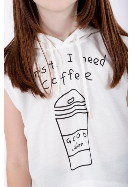 Kız Çocuk First I Need Coffee Baskılı Kolsuz Kapüşonlu Sweatshirt 9-12 Yaş