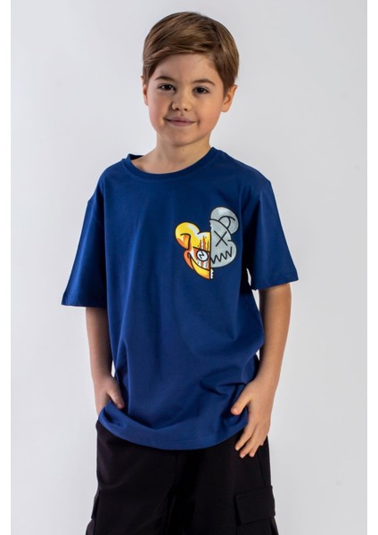 Bisiklet Yaka Kısa Kol Canavar Baskılı Indigo Renk Erkek Çocuk Tshirt