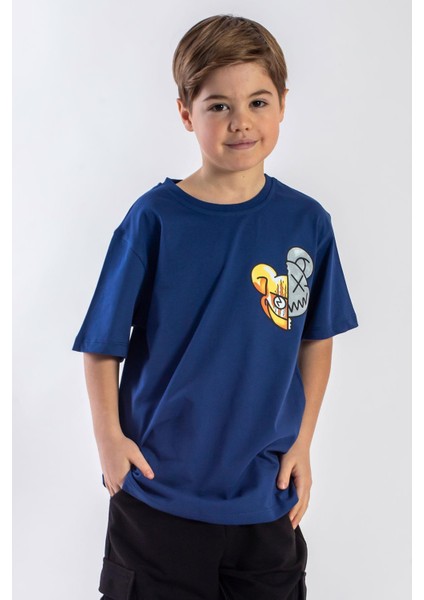 Bisiklet Yaka Kısa Kol Canavar Baskılı Indigo Renk Erkek Çocuk Tshirt fiyatları
