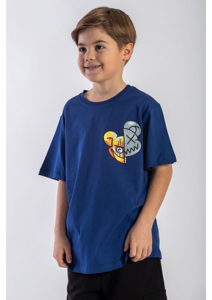 Bisiklet Yaka Kısa Kol Canavar Baskılı Indigo Renk Erkek Çocuk Tshirt modelleri