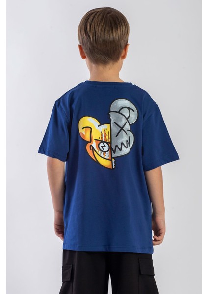 Bisiklet Yaka Kısa Kol Canavar Baskılı Indigo Renk Erkek Çocuk Tshirt fırsatları