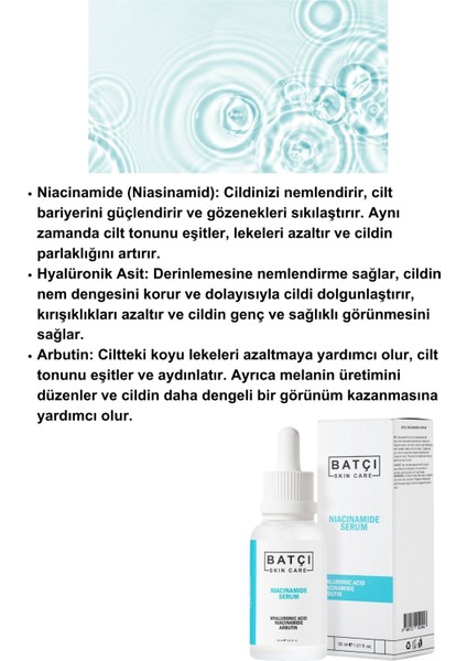 Nemlendirici Ve Aydınlatıcı Hyalüronik Asit, Arbutin, Niacinamide Serumu - 30ml