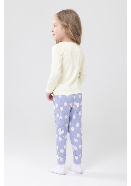 Kız Çocuk Pamuklu Baskılı Bisiklet Yaka Uzun Kollu Manşetli Pijama Takımı 9231-1 Sarı indirimleri