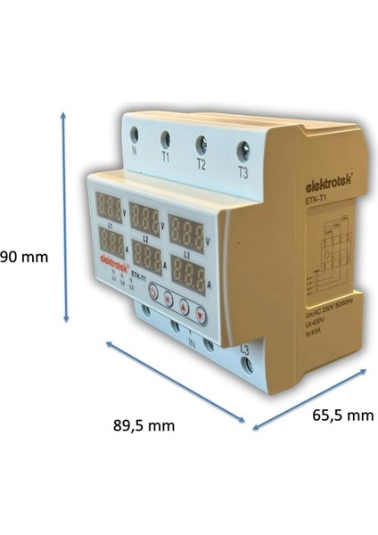 Etk 3 x 63A Trifaze Gerilim ve Akım Koruyucu Şebeke Giriş Voltaj Denetleyici