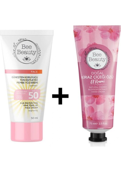 Güneşten Koruyucu ve Ton Eşitleyici Pembe Yüz Kremi 50SPF 50 ml Doğal Kiraz Çiçeği Özü El Kremi 75 ml