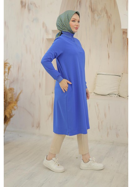 Kolları Ribanalı Yarım Fermuarlı Tunik Sax 24KT436 fırsatları