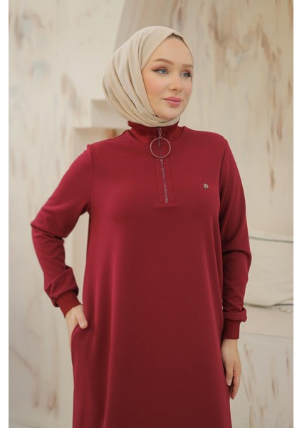 Armine Trend Kolları Ribanalı Yarım Fermuarlı Tunik Bordo 24KT436