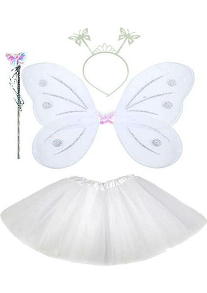 Beyaz Kelebek Kostümü - Beyaz Kelebek Kostüm Aksesuar Seti 4 Parça