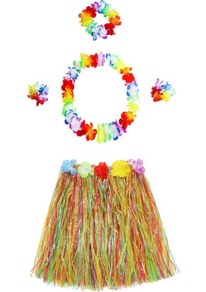 Yetişkin ve Çocuk Uyumlu Luau Aloha Hawaii Kolye Renkli Etek Taç ve Bileklik Seti