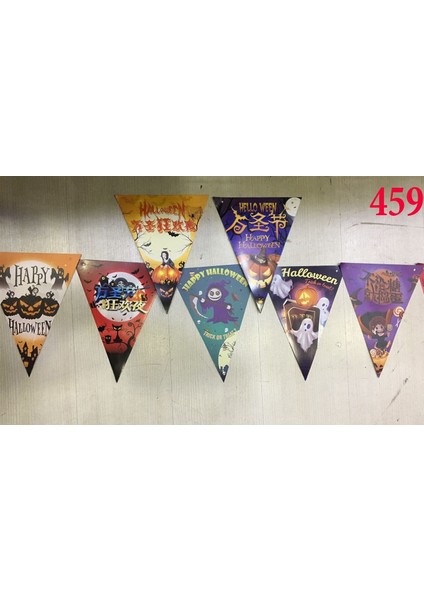 Lüks Baskılı Üçgen Model Halloween Banner Süs Bayrak 8 Li