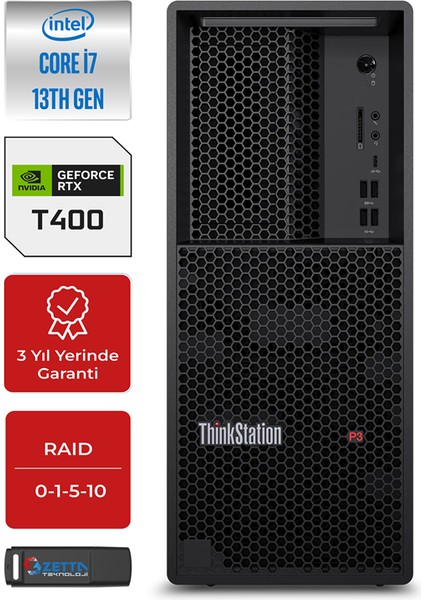 Ws P3 Intel Core I7 13700K 16C Vpro 128GB Ecc/ddr5 2tb HDD + 1tb SSD 4GB/T400 Raıd Windows 11 Pro 750W Masaüstü Iş Istasyonu P30GS005UTRP35 + Zettausb Bellek