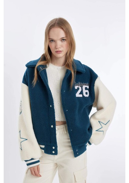 Coool Oversize Geniş Kalıp Pelüş Bomber Mont Ceket Polo Yaka Nakışlı Çıtçıtlı Cepli C8002AX24WN