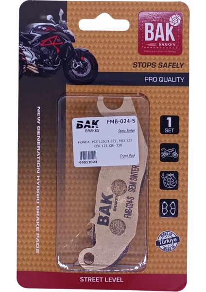 Bak Brakes Fmb-024-S Honda Crf 250, Pcx 125(2021-2022) , Msx 125, Cbr 125. Ön Fren Balatası Yarı Sinter Kalite