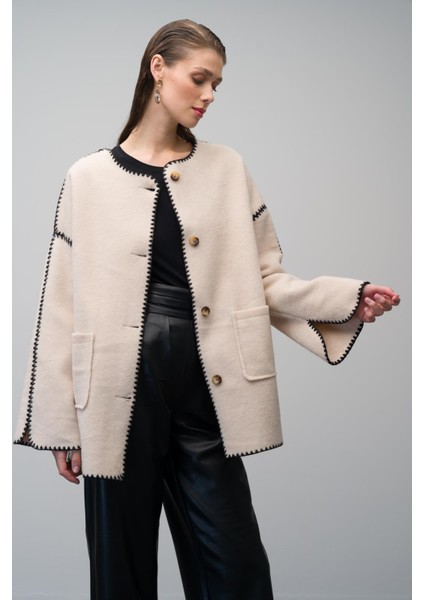 Nakış Detaylı Torba Cepli Astarsız Salaş Kaban Bej 3077