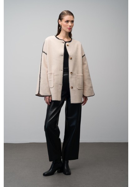 Nakış Detaylı Torba Cepli Astarsız Salaş Kaban Bej 3077 indirimleri