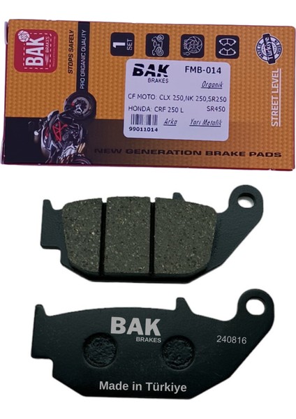 Bak Brakes Fmb-014 Cf Moto Cl-X 250, Nk 250, Sr250. Honda Crf250 Lh, Msx 125. Suzuki Csx-R 125, Rm250. Benelli Bn 125, Yamaha Xmax 125, Iron Max 125. Arka Fren Balatası Organik Kalite