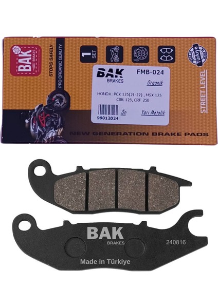Bak Brakes Fmb-024 Honda Crf 250, Pcx 125(2021-2022) , Msx 125, Cbr 125 Ön Fren Balatası Organik Kalite