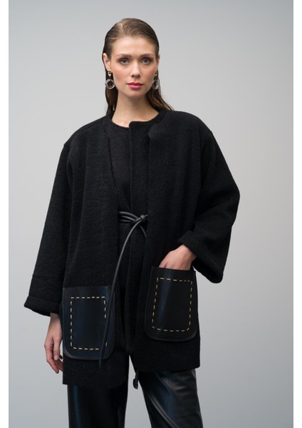 Deri Cep ve Kemer Detaylı Astarsız Salaş Kaban Siyah 3076 fiyatları