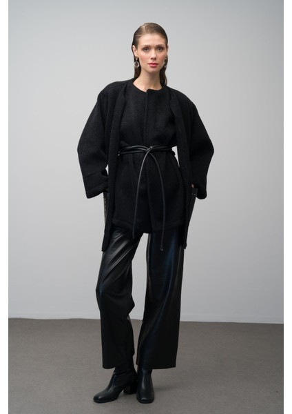 Deri Cep ve Kemer Detaylı Astarsız Salaş Kaban Siyah 3076 modelleri