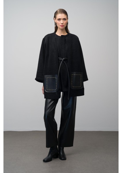 Deri Cep ve Kemer Detaylı Astarsız Salaş Kaban Siyah 3076 fırsatları