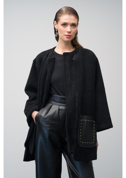 Deri Cep ve Kemer Detaylı Astarsız Salaş Kaban Siyah 3076 indirimleri