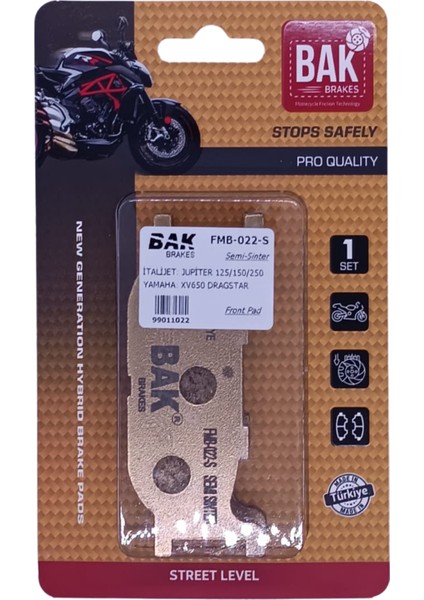 Bak Brakes Fmb-022-S Yamaha Xvs 400, Xv 650 Dragstar, Yamaha Majesty 400, Mt03, Xv250. Ön Fren Balatası Yarı Sinter Kalite