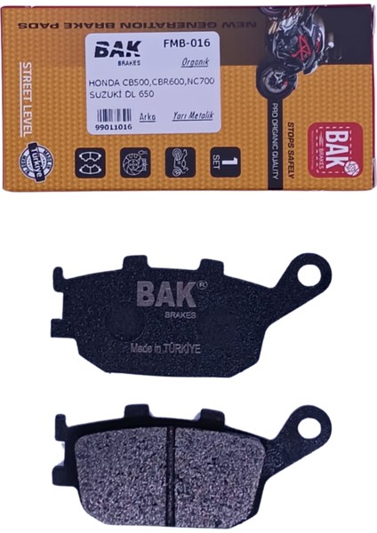 Bak Brakes Fmb-016 Honda Cb 400, Cb 500,Cb 600, Cbr 600, Cbr 900, Cbf 600, Nc 700, Mondıal Drıft L, Yamaha, Kawasaki Versys 650, Suzuki V-Strom 250, Csxr 250. Arka Fren Balatası Organik Kalite