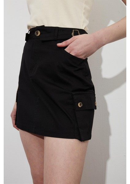 Kargo Cepli Siyah Denim Mini Etek